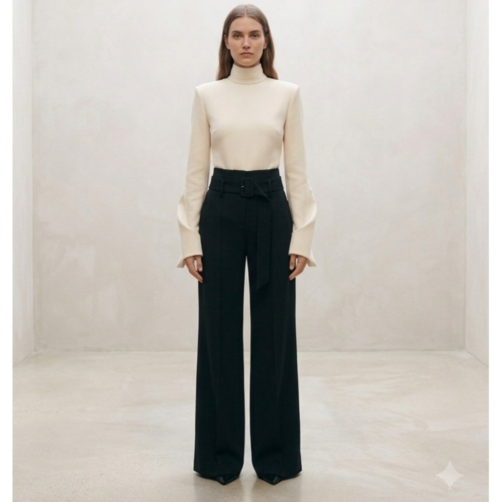 Theory Camogie High Waist Belted Wide Leg Pants Black Virgin Wool 2 H0936209